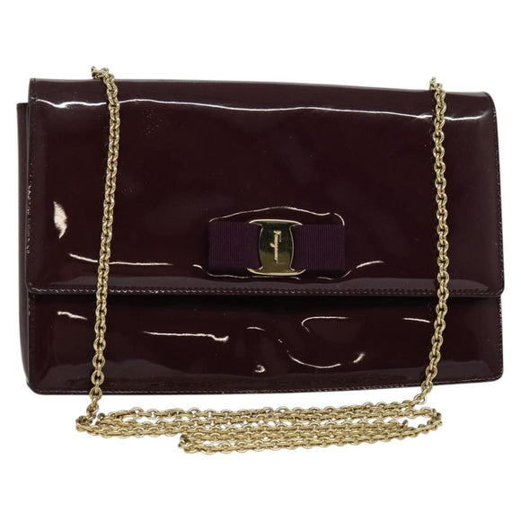 Salvatore Ferragamo Vala Chain Shoulder Bag Patent Purple Gold Auth 137501