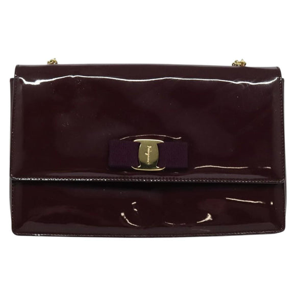 Salvatore Ferragamo Vala Chain Shoulder Bag Patent Purple Gold Auth 137501