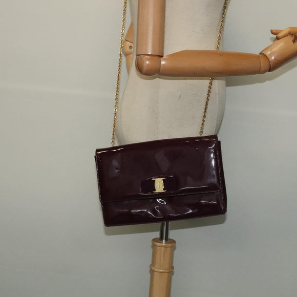 Salvatore Ferragamo Vala Chain Shoulder Bag Patent Purple Gold Auth 137501