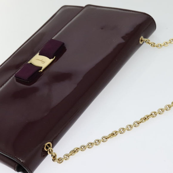 Salvatore Ferragamo Vala Chain Shoulder Bag Patent Purple Gold Auth 137501