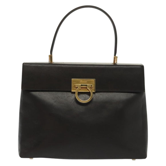 Salvatore Ferragamo Gancini Hand Bag Leather Black Gold Auth 137516