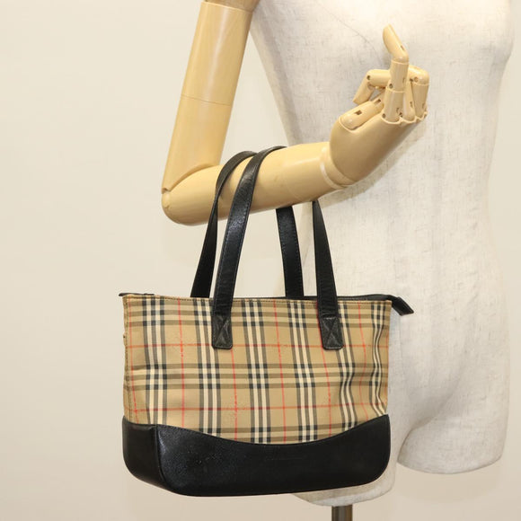 BURBERRY Nova Check Hand Bag Canvas Leather Beige Gold Auth 137517