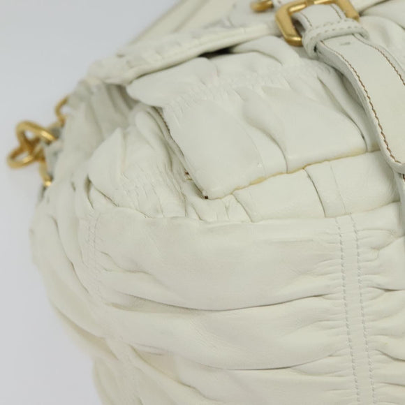 PRADA Gathered Shoulder Bag Leather White Gold Auth 137551