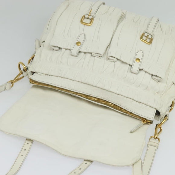 PRADA Gathered Shoulder Bag Leather White Gold Auth 137551