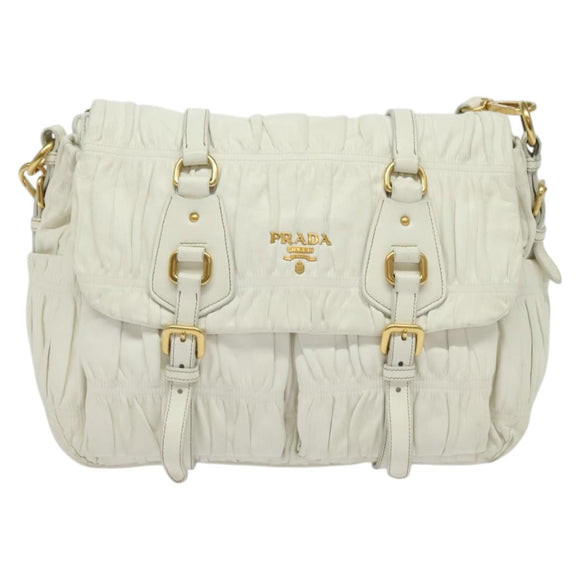 PRADA Gathered Shoulder Bag Leather White Gold Auth 137551