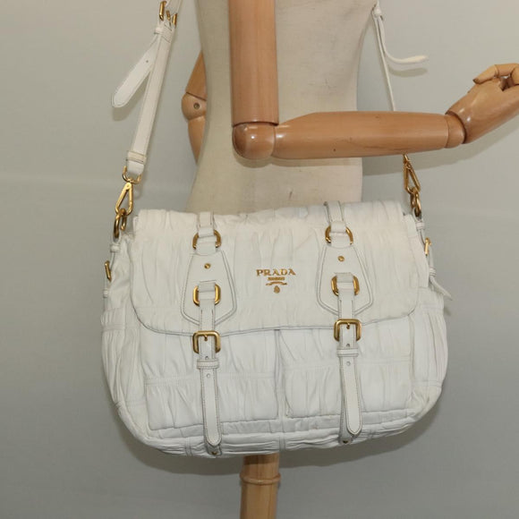PRADA Gathered Shoulder Bag Leather White Gold Auth 137551