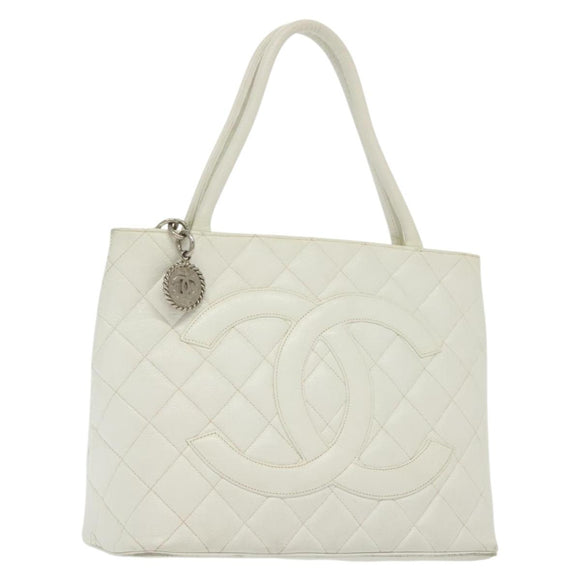 CHANEL Matelasse Reprint Tote Bag Caviar Skin White CC Auth 137578