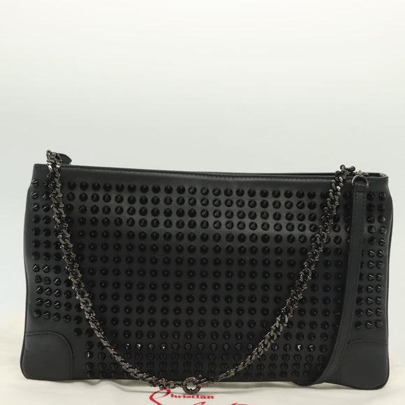 Christian Louboutin Studs Chain Shoulder Bag Leather Black Silver Auth 137606