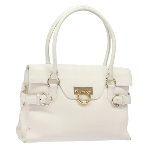 Salvatore Ferragamo Gancini Hand Bag Leather White Gold Auth 137663