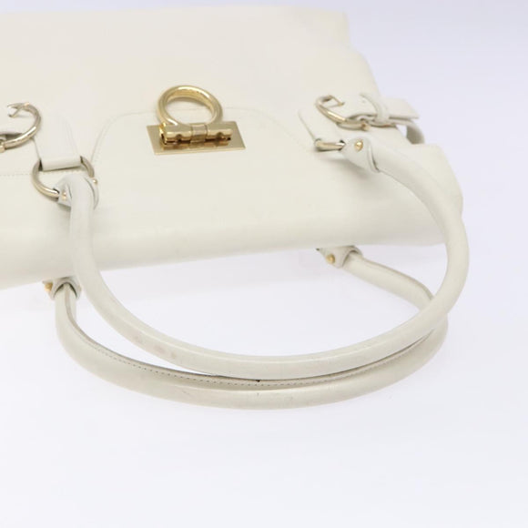 Salvatore Ferragamo Gancini Hand Bag Leather White Gold Auth 137663