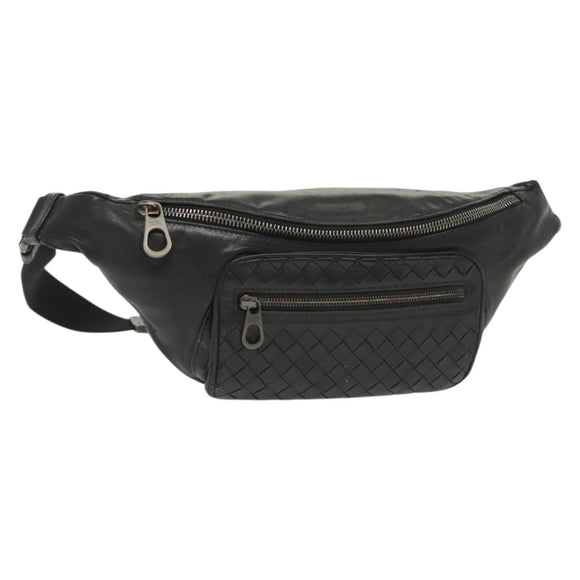 BOTTEGA VENETA INTRECCIATO Waist Bag Leather Black Silver Auth 137678