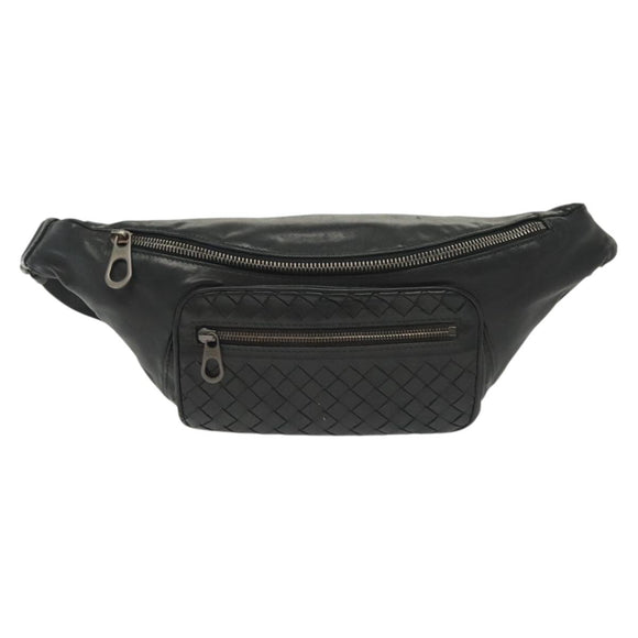 BOTTEGA VENETA INTRECCIATO Waist Bag Leather Black Silver Auth 137678