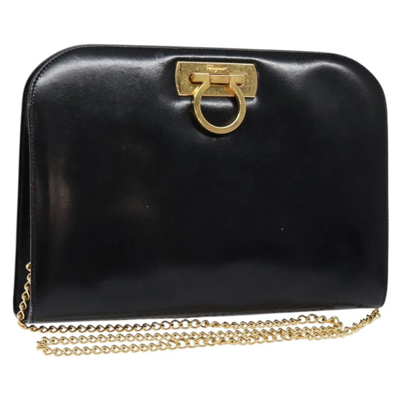 Salvatore Ferragamo Gancini Chain Shoulder Bag Leather Black Gold Auth 137680
