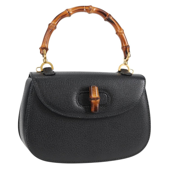 GUCCI Bamboo Hand Bag Leather Black Gold 001 1781 1577 0 Auth 137706A