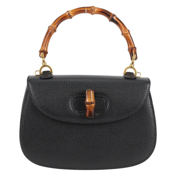 GUCCI Bamboo Hand Bag Leather Black Gold 001 1781 1577 0 Auth 137706A