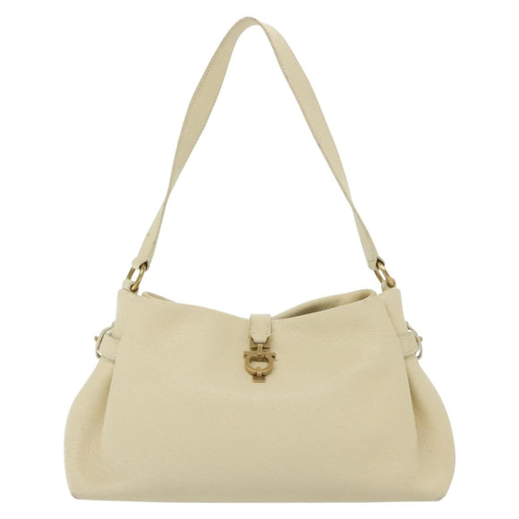 Salvatore Ferragamo Gancini Shoulder Bag Leather White Gold Auth 137725