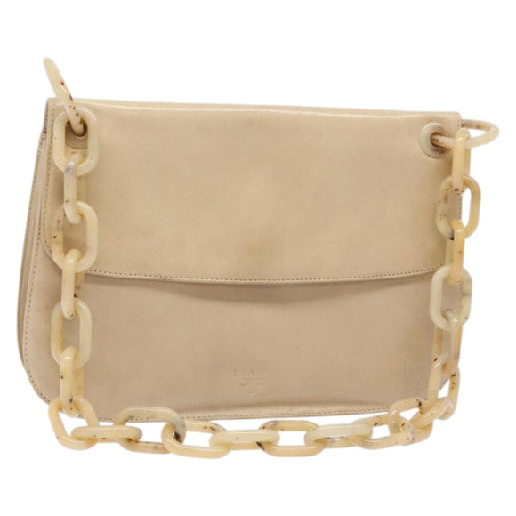 PRADA Chain Shoulder Bag Leather plastic Beige Silver Auth 137752