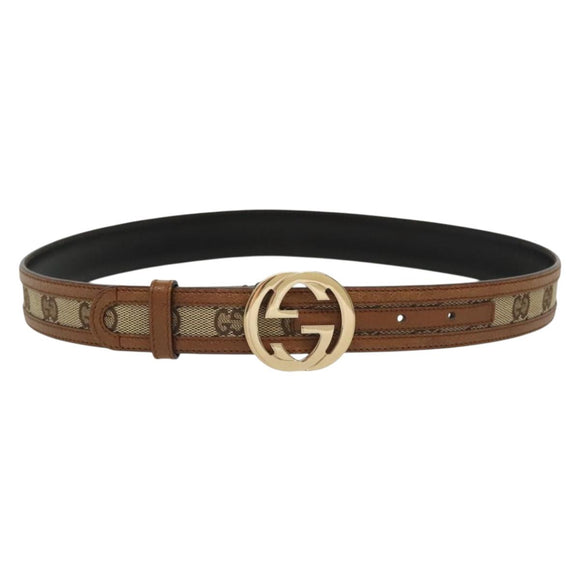 GUCCI GG Canvas Belt Leather 35.4"" Beige Gold 114874 Auth 137789