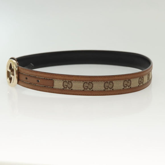 GUCCI GG Canvas Belt Leather 35.4"" Beige Gold 114874 Auth 137789