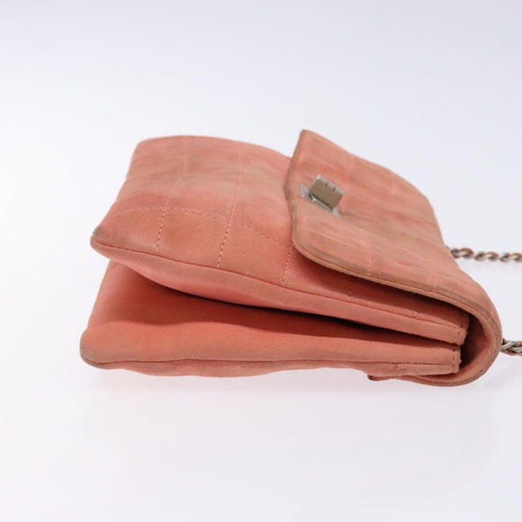 CHANEL Chain 2.55 Choco Bar Shoulder Bag Suede Pink Silver CC Auth 137890