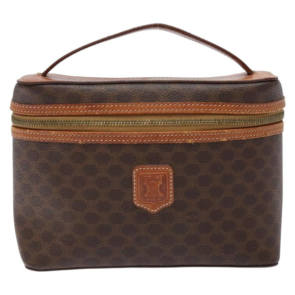 CELINE Macadam Canvas Vanity Pouch PVC Leather Brown Gold Auth 137943