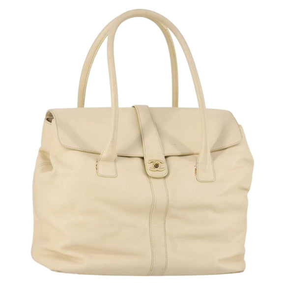 CHANEL Hand Bag Caviar Skin Beige Gold CC Auth 137950