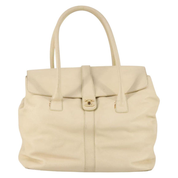 CHANEL Hand Bag Caviar Skin Beige Gold CC Auth 137950