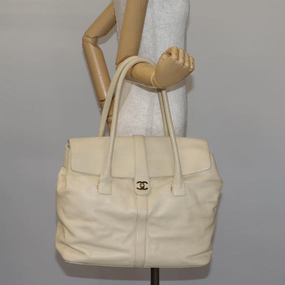 CHANEL Hand Bag Caviar Skin Beige Gold CC Auth 137950