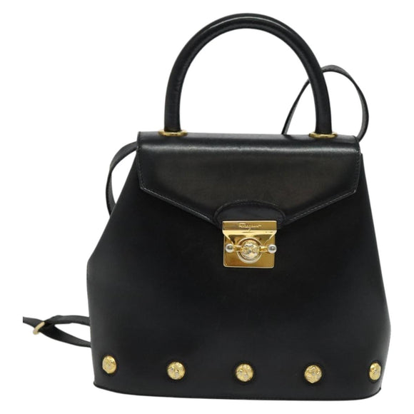 Salvatore Ferragamo Hand Bag Leather 2way Black Gold Auth 137968