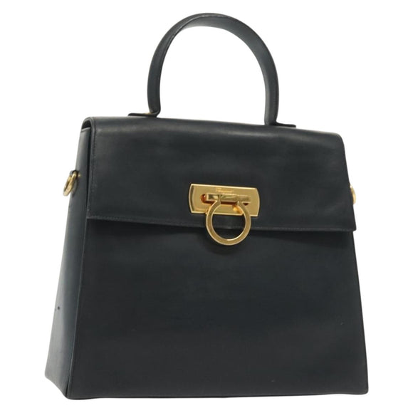 Salvatore Ferragamo Gancini Hand Bag Leather Navy Gold Auth 137969