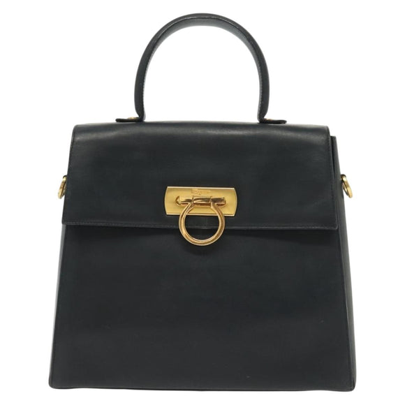 Salvatore Ferragamo Gancini Hand Bag Leather Navy Gold Auth 137969