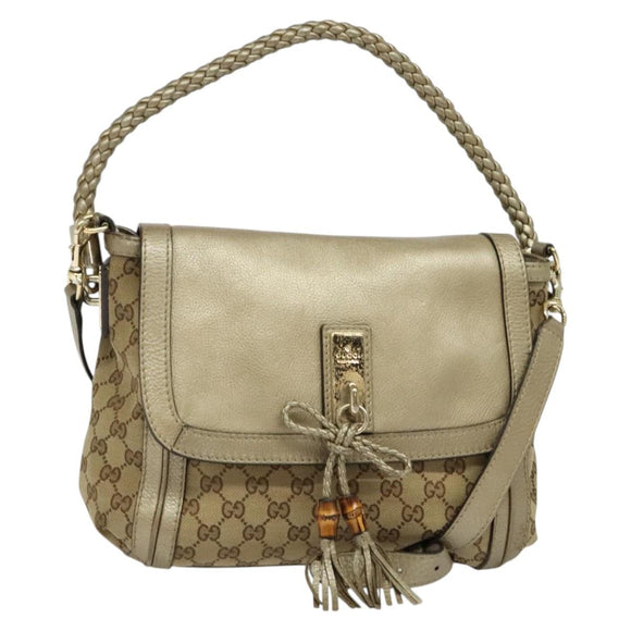 GUCCI GG Canvas Bamboo Shoulder Bag Beige Gold 282301 Auth 137972