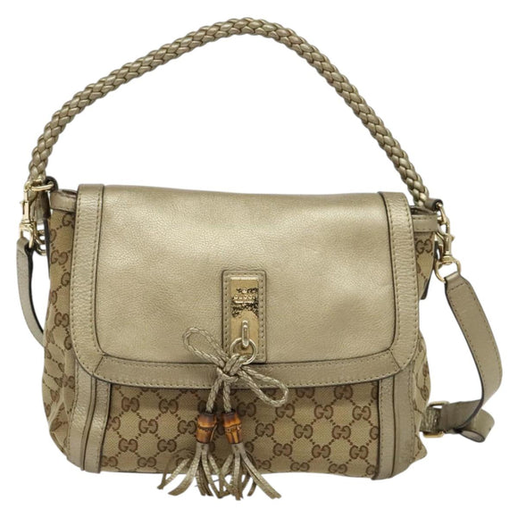 GUCCI GG Canvas Bamboo Shoulder Bag Beige Gold 282301 Auth 137972