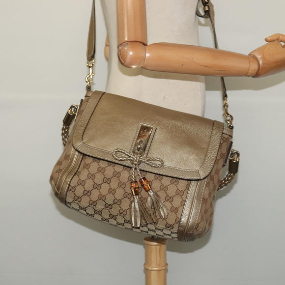 GUCCI GG Canvas Bamboo Shoulder Bag Beige Gold 282301 Auth 137972