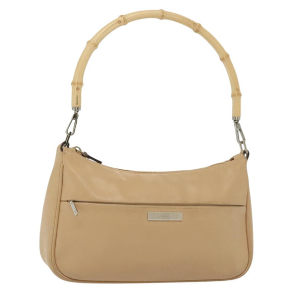 GUCCI Bamboo Shoulder Bag Leather Beige Silver 001 3865 Auth 137980