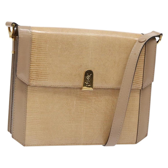 SAINT LAURENT Embossing Shoulder Bag Leather Beige Gold Auth 137993