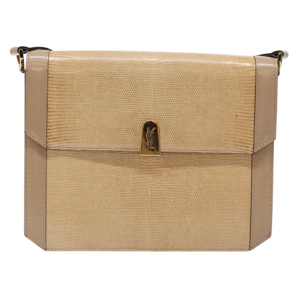 SAINT LAURENT Embossing Shoulder Bag Leather Beige Gold Auth 137993