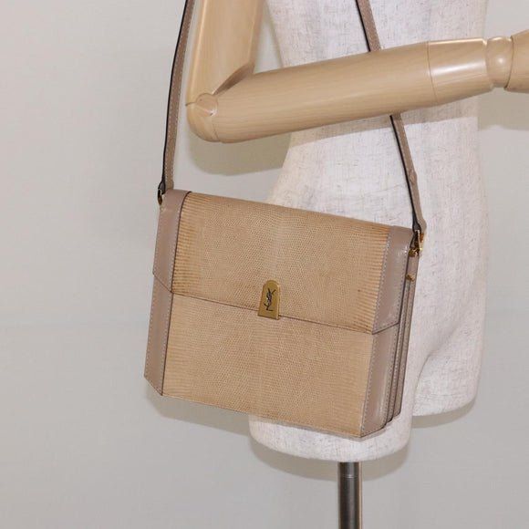 SAINT LAURENT Embossing Shoulder Bag Leather Beige Gold Auth 137993