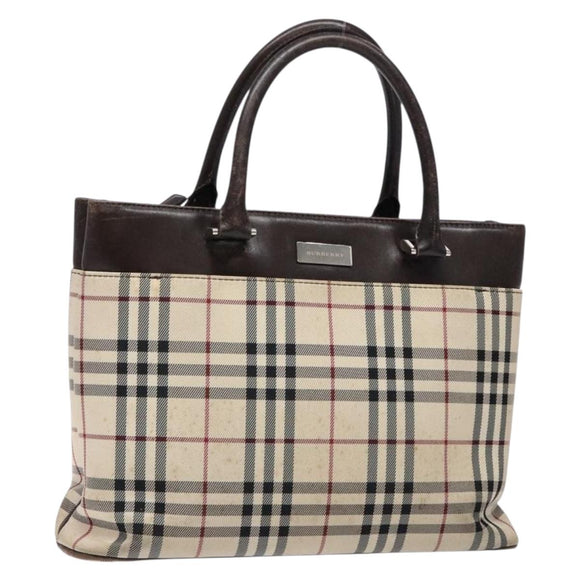 BURBERRY Nova Check Hand Bag Canvas Beige Silver Auth 138052