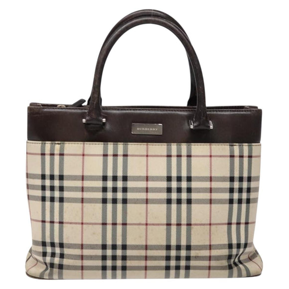 BURBERRY Nova Check Hand Bag Canvas Beige Silver Auth 138052