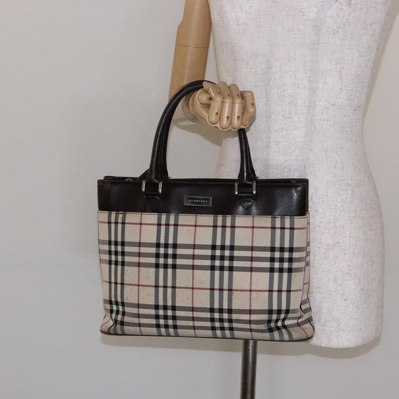 BURBERRY Nova Check Hand Bag Canvas Beige Silver Auth 138052