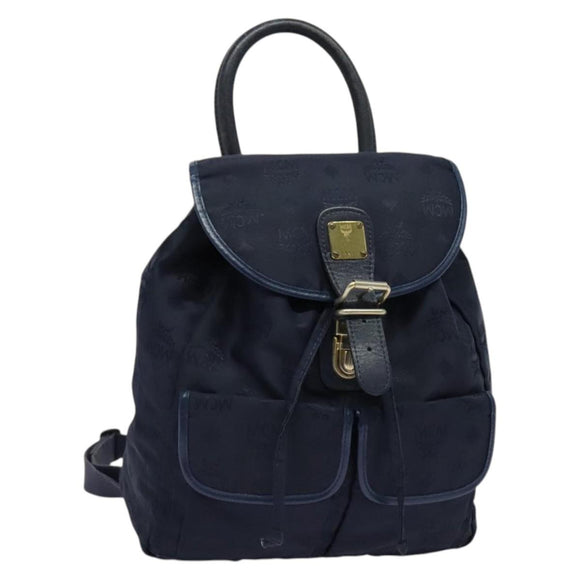 MCM Logogram Vicetos Backpack Nylon Navy Gold Auth 138056