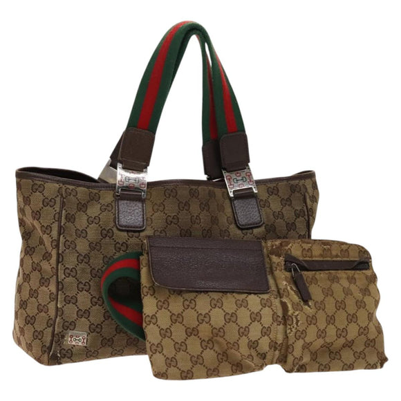GUCCI GG Canvas Web Sherry Line Tote Bag 2Set Beige Red Green Auth 138062