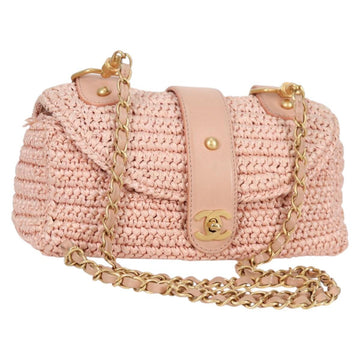CHANEL Shoulder Bag Raffia Gold Pink CC Auth 138082V