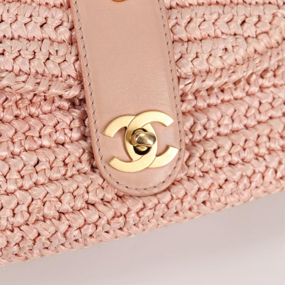 CHANEL Shoulder Bag Raffia Gold Pink CC Auth 138082V