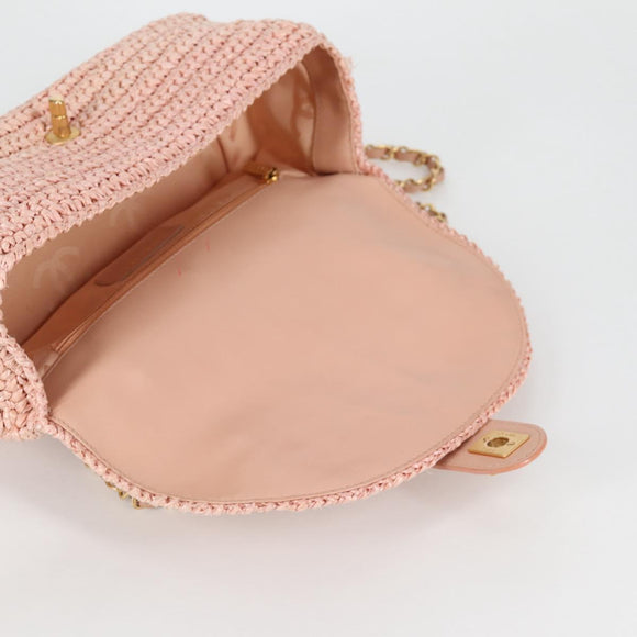 CHANEL Shoulder Bag Raffia Gold Pink CC Auth 138082V