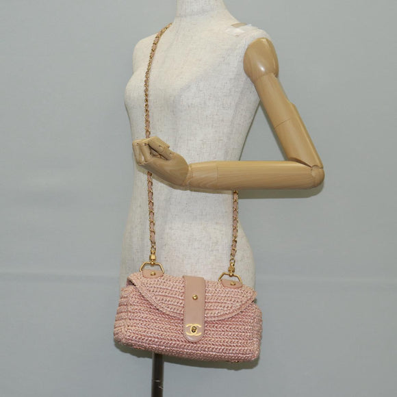 CHANEL Shoulder Bag Raffia Gold Pink CC Auth 138082V