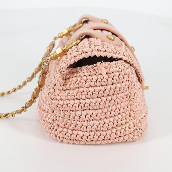 CHANEL Shoulder Bag Raffia Gold Pink CC Auth 138082V