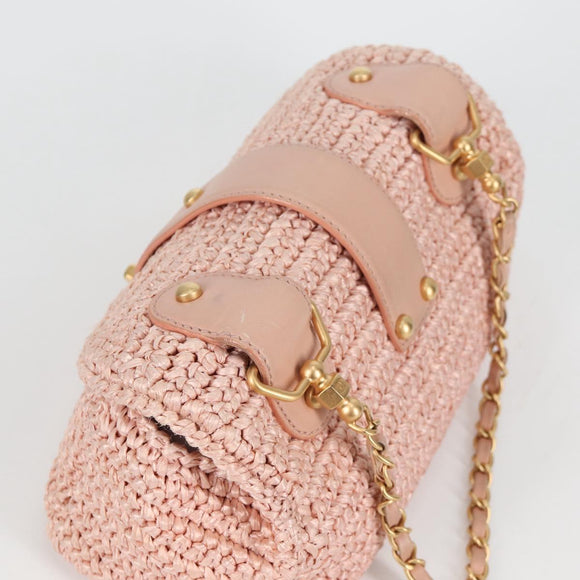 CHANEL Shoulder Bag Raffia Gold Pink CC Auth 138082V
