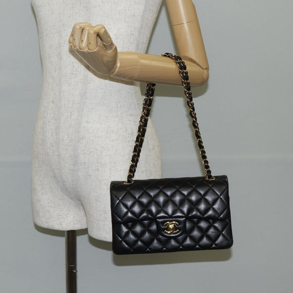CHANEL Matelasse 23 Chain Shoulder Bag Lamb Skin Black Gold CC Auth 138087SM
